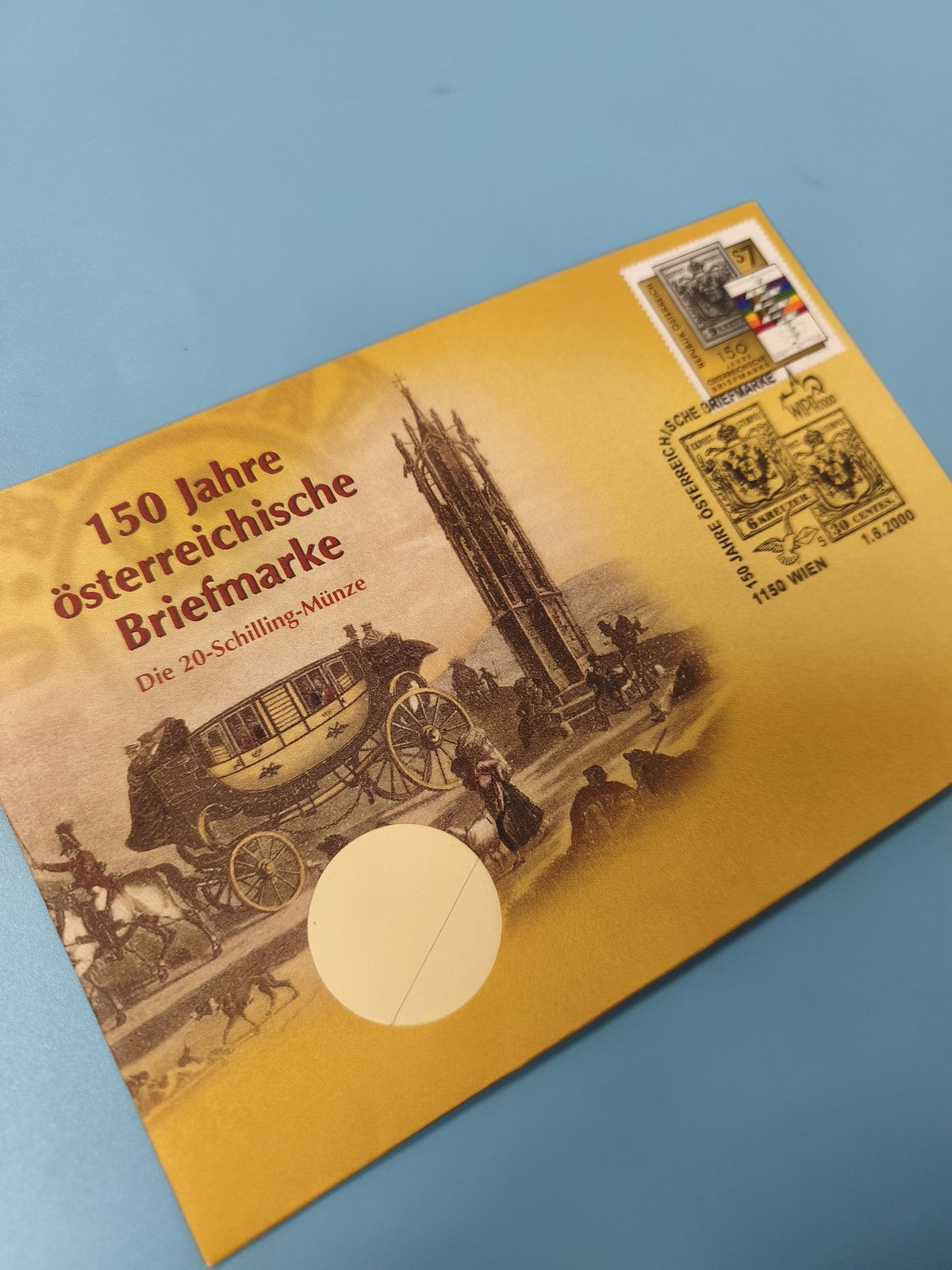 Enveloppe FDC 150 Jahre österreichische Briefmarke avec timbre oblitéré, jaune