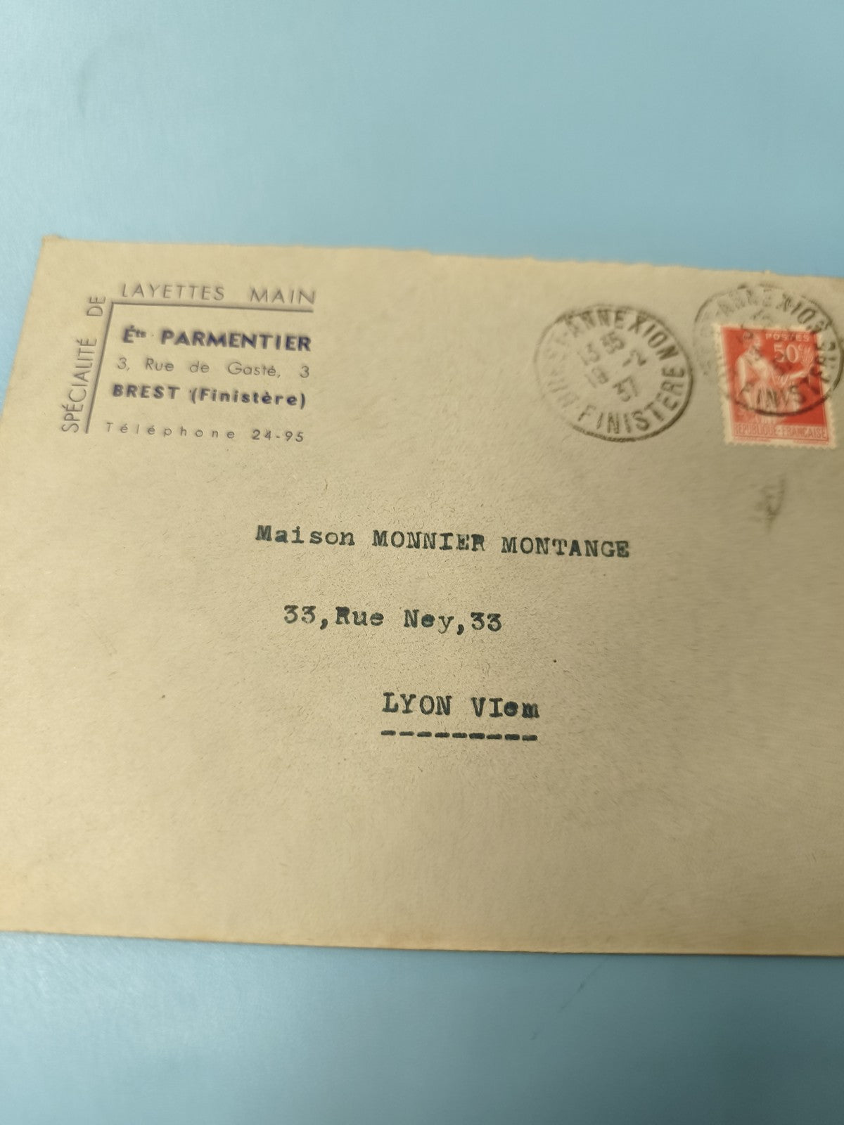 Ancienne enveloppe oblitérée début XXe Brest Lyon philatélie vintage