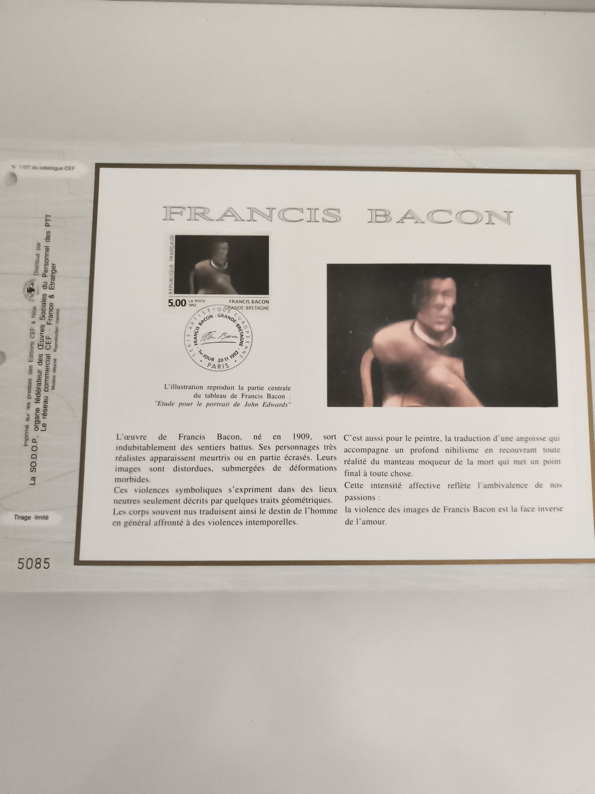 Feuillet CEF Francis Bacon premier jour timbre art contemporain philatélie