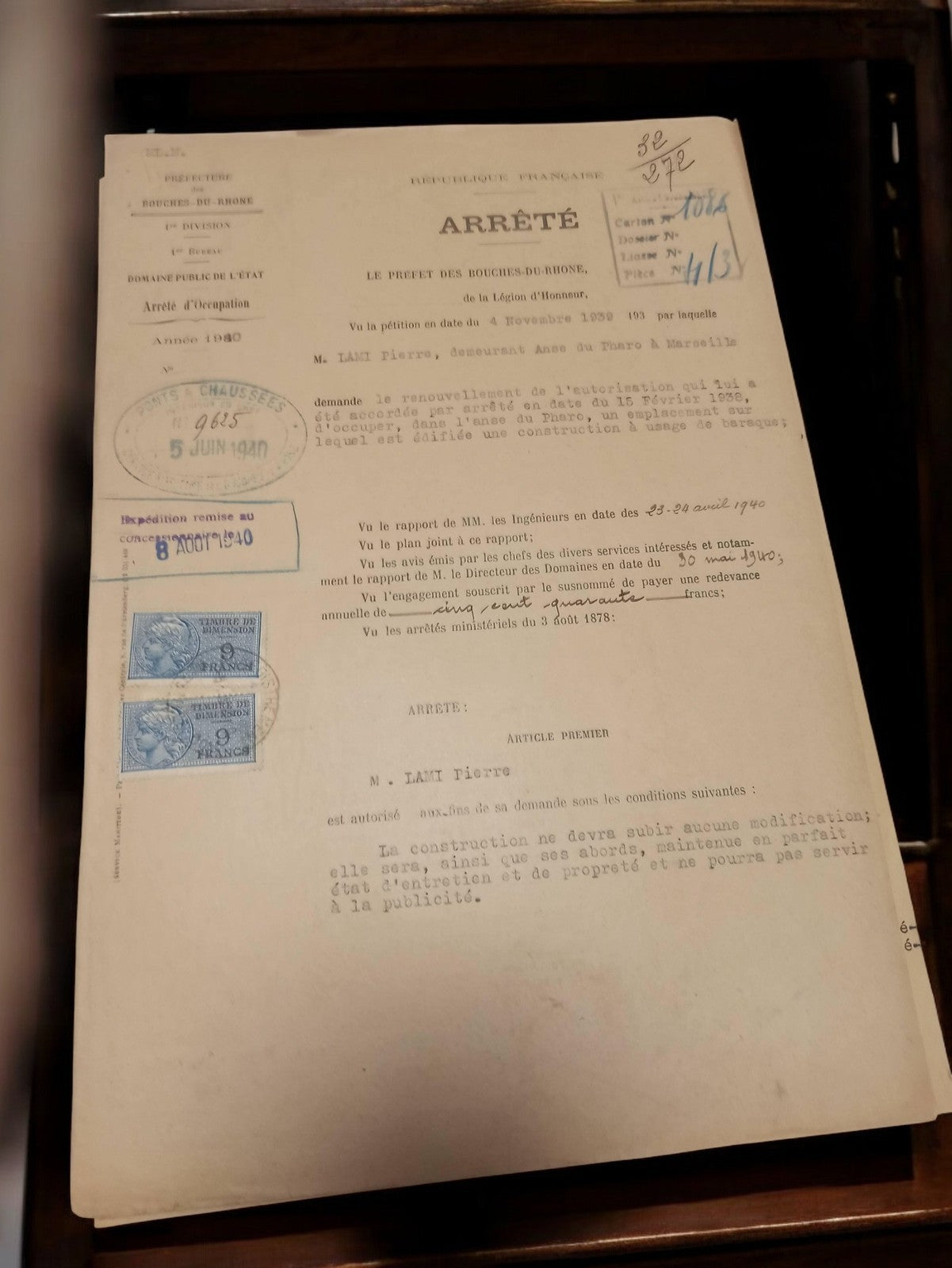 Document officiel arrêté préfectoral Marseille 1940, timbres fiscaux, vintage Fr