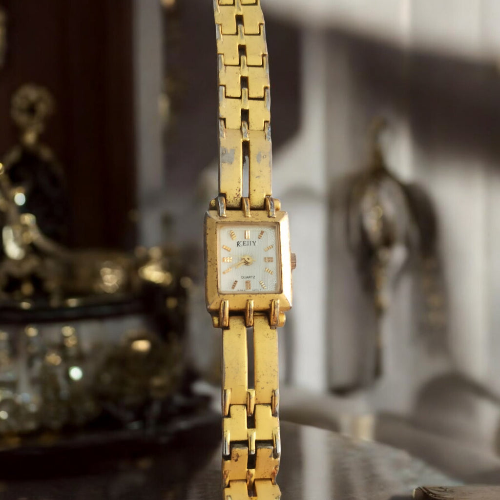 Montre vintage KEIIY femme quartz dorée, bracelet rectangulaire Japan Movt