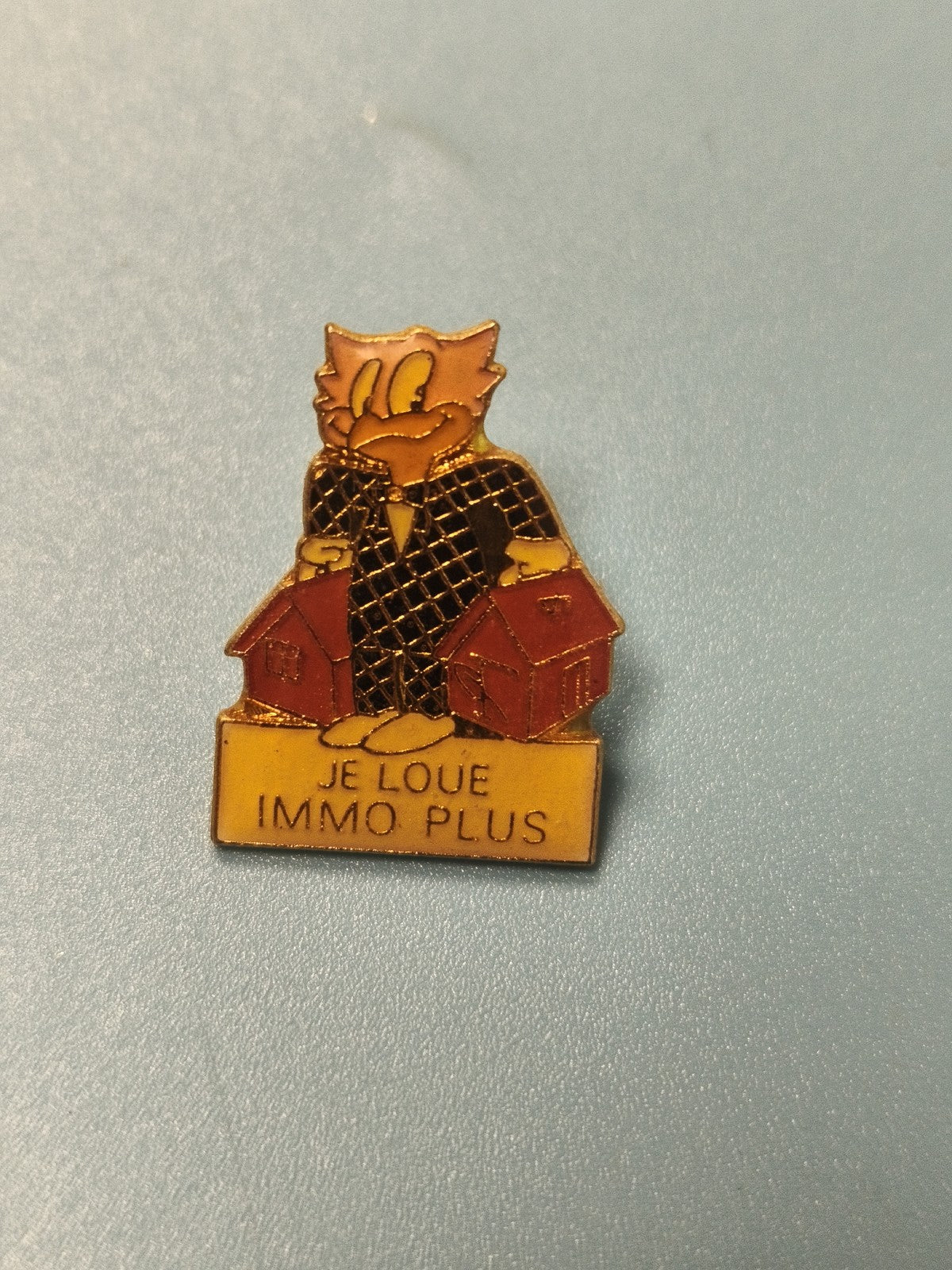 Vintage pin's publicitaire Immo Plus chat mascotte immobilier ancien