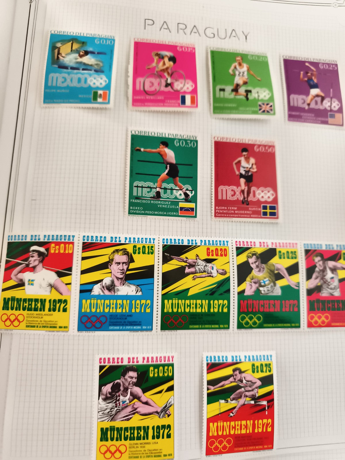 Timbres anciens Paraguay JO Munich 1972 Mexico 1968 olympiques sports
