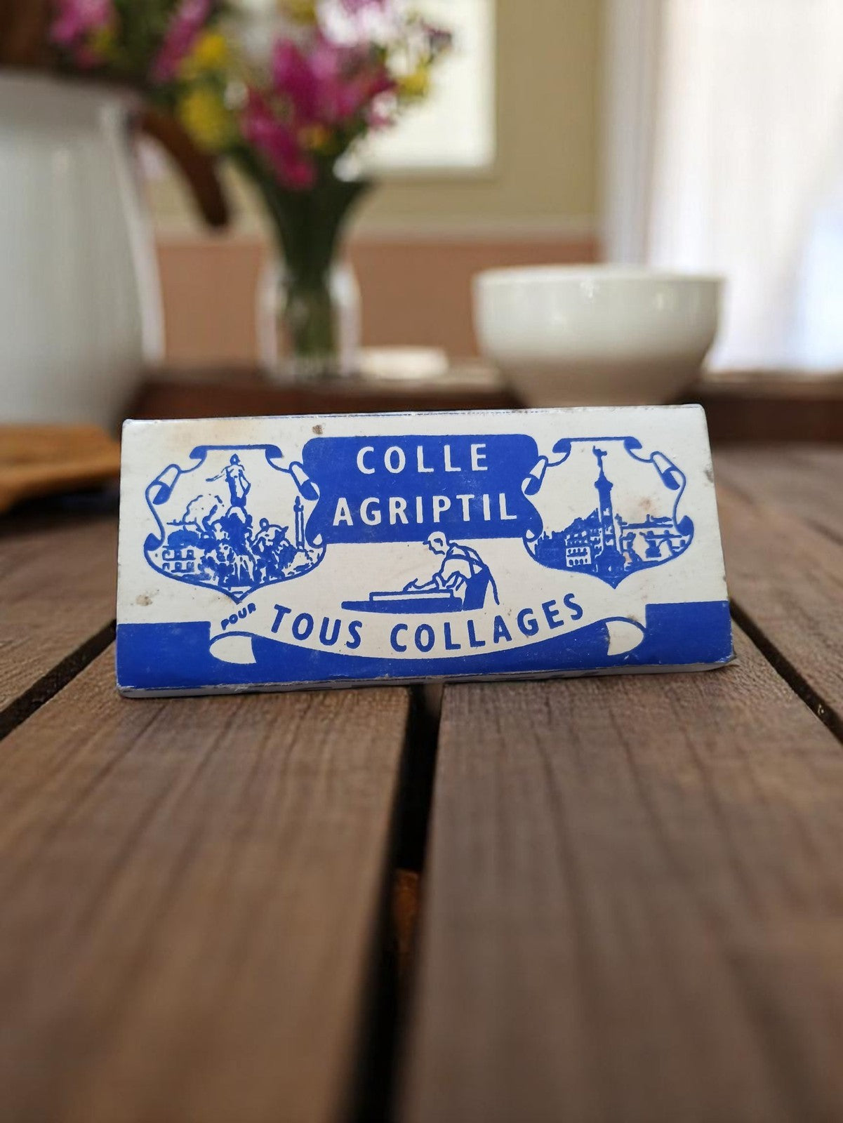 Boîte publicitaire vintage Colle Agriptil années 50 rétro bleu colle ancienne