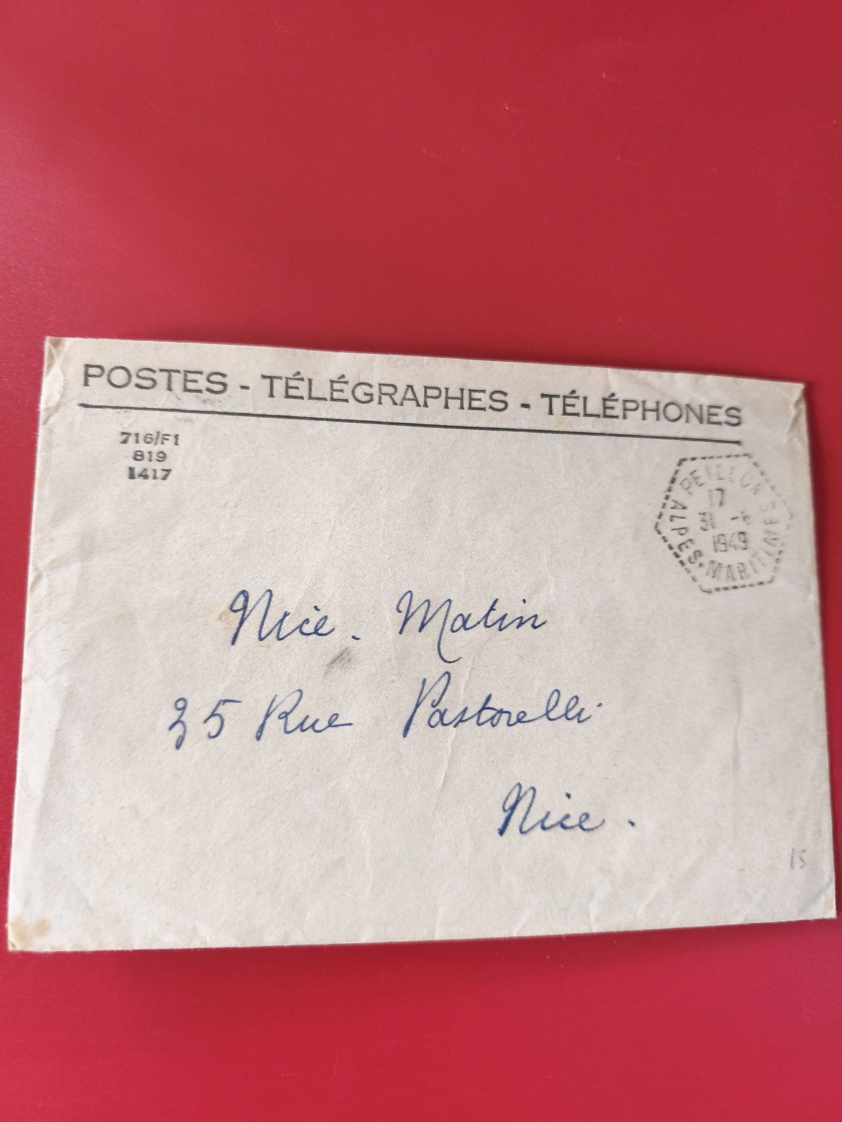 Enveloppe philatélie PTT Poste Télégraphe Téléphone Nice Matin manuscrite