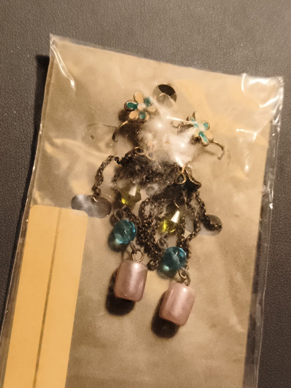 Paire boucles d’oreilles vintage fleurs émaillées pendantes deadstock perles col