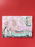 Carte postale philatélie Découverte îles Crozet Kerguelen timbre pingouins voili
