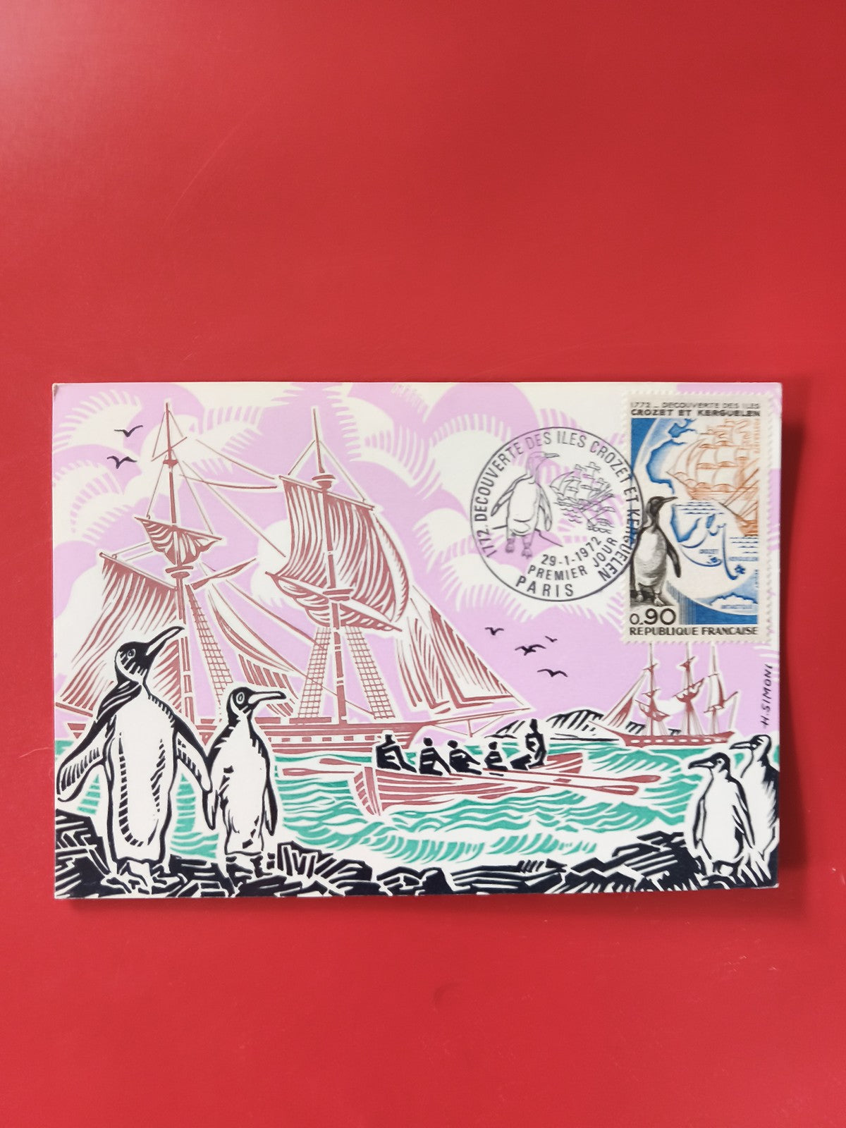 Carte postale philatélie Découverte îles Crozet Kerguelen timbre pingouins voili