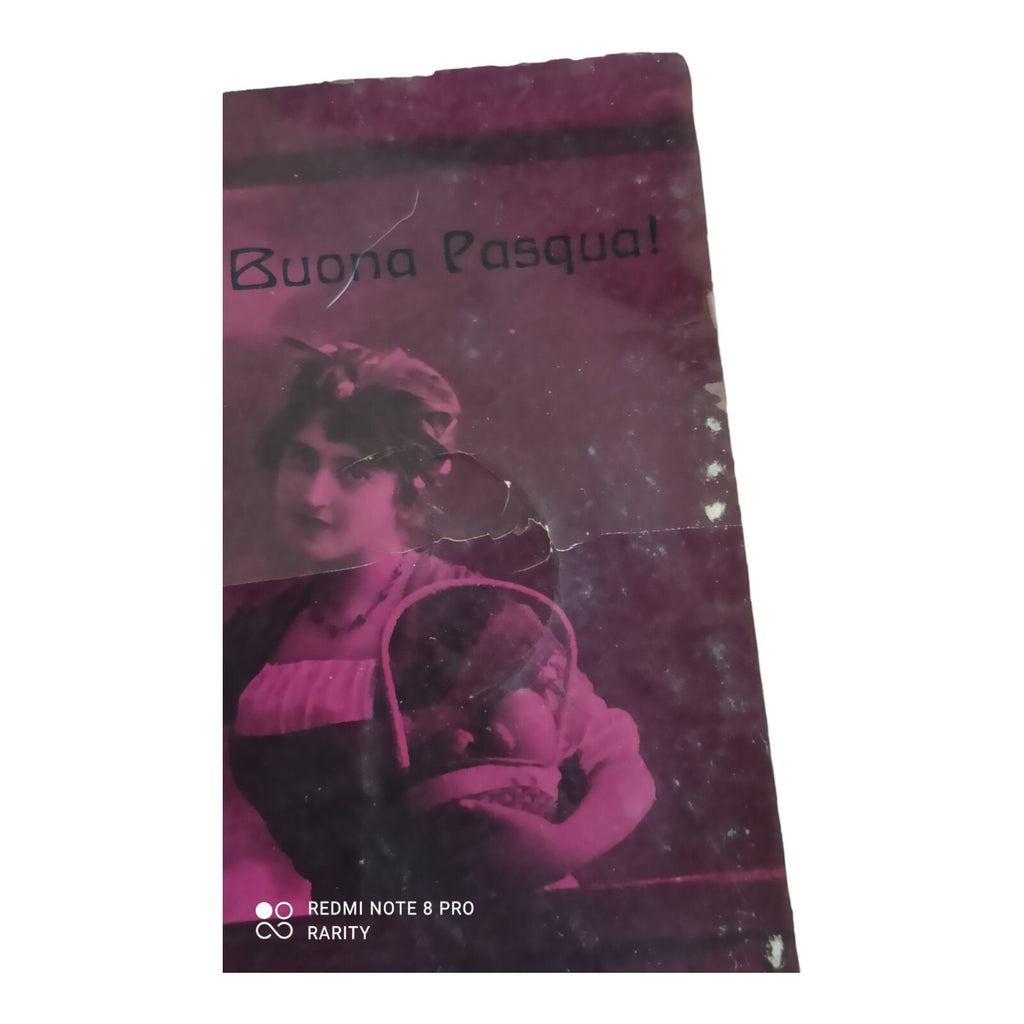 Carte postale Buona Pasqua Italie Tunisie 1916 encadrée photo femme œuf