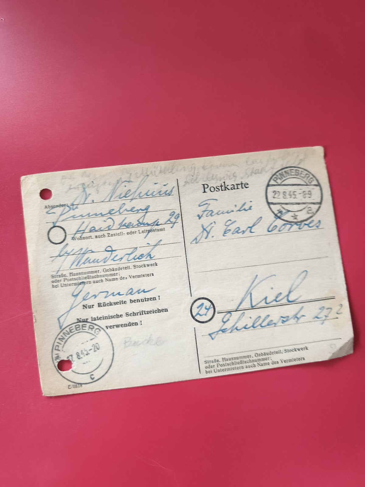Carte postale philatélie Allemagne Pinneberg oblitérée écriture bleue