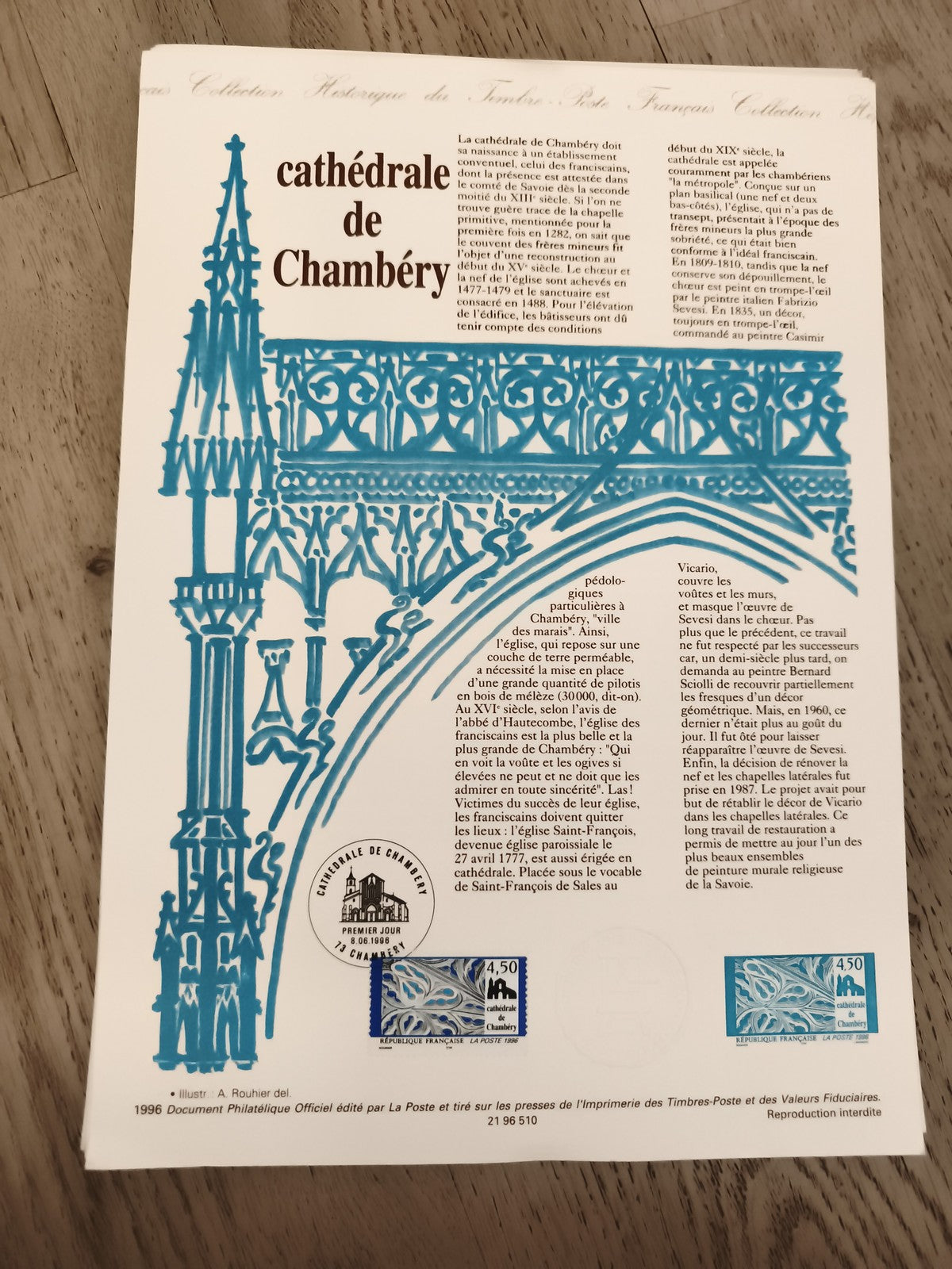 Document philatélique cathédrale de Chambéry 1996 timbre 4,50 F oblitéré neuf