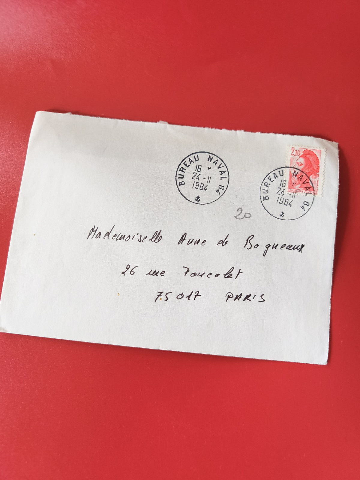 Enveloppe philatélie timbre rouge oblitérée Bureau Naval 1984 Paris