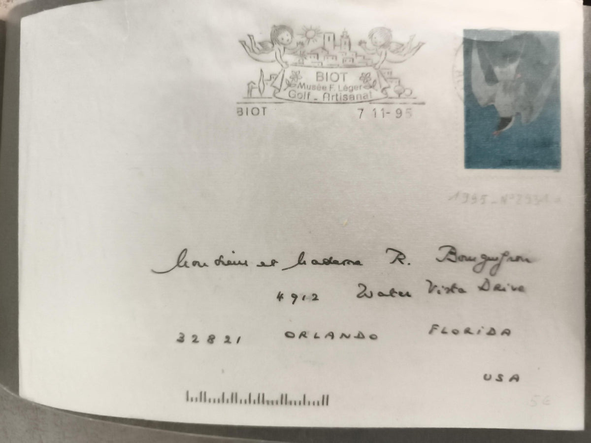 Lettre oblitérée Biot 1995 Musée Léger timbre bleu Philatélie France