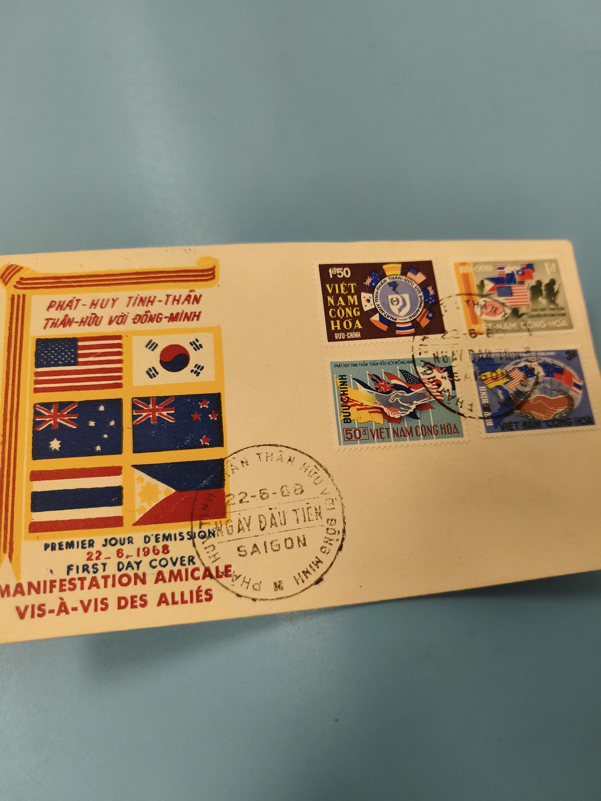 Ancienne enveloppe FDC Vietnam 1968, timbres alliés, manifestation amicale