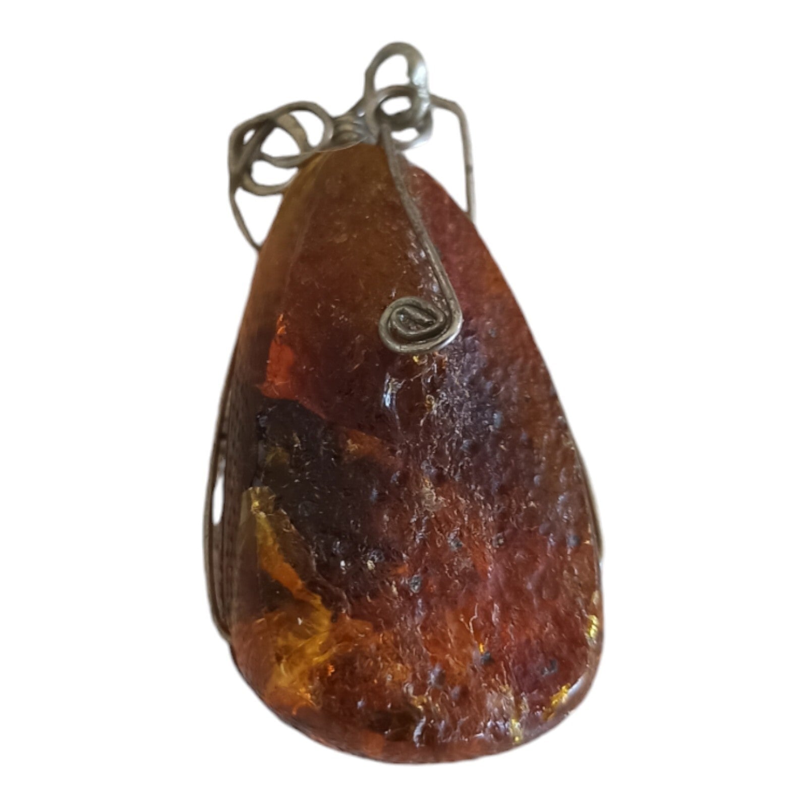 Pendentif ambre authentique monture fil métal style artisanal marron jaune
