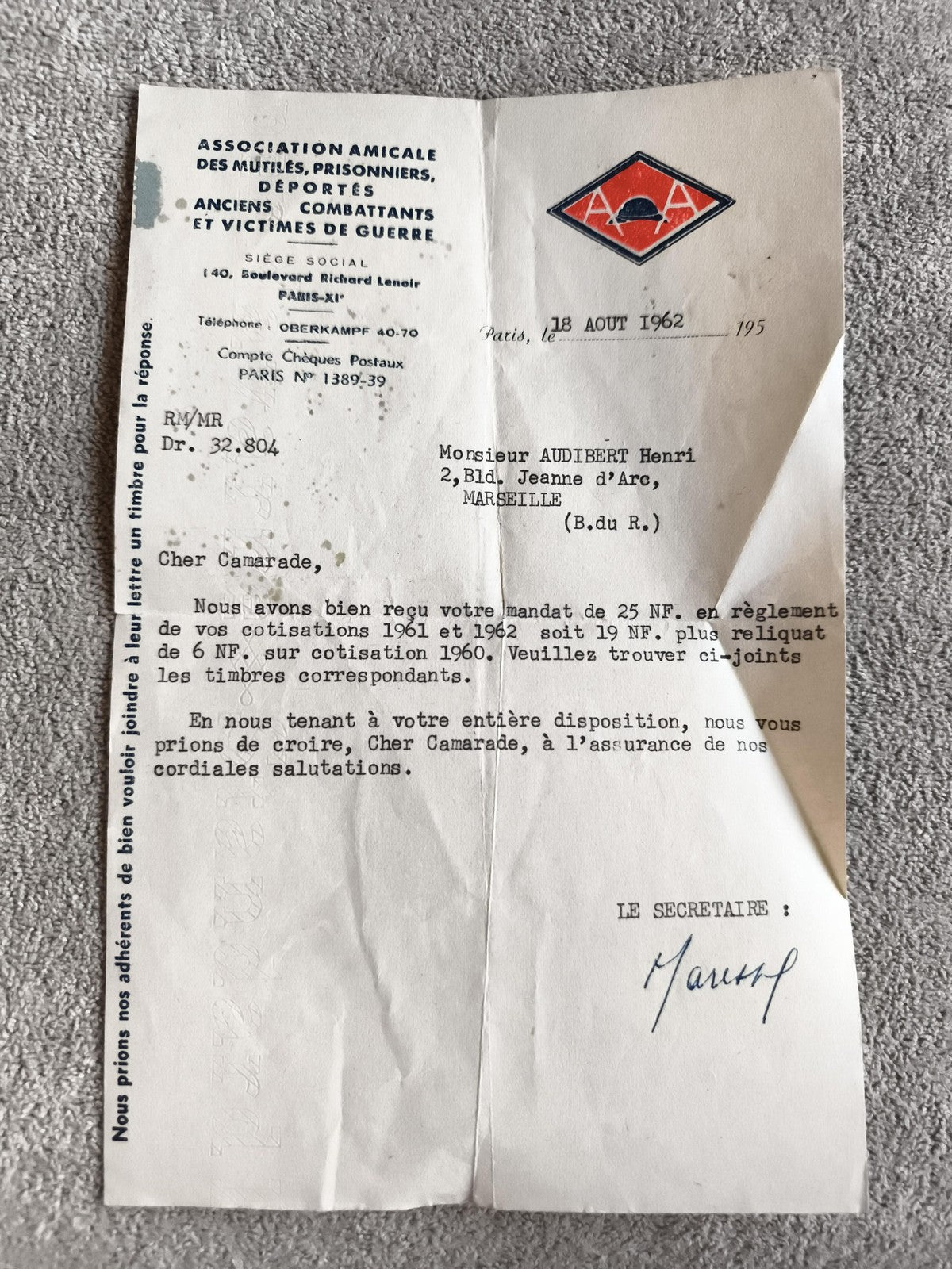 Lettre ancienne Association mutilés guerre 1962, papier à en-tête, WW1 WW2