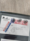 Ancienne enveloppe philatélie oblitérée USA vers France, timbres avion vintage