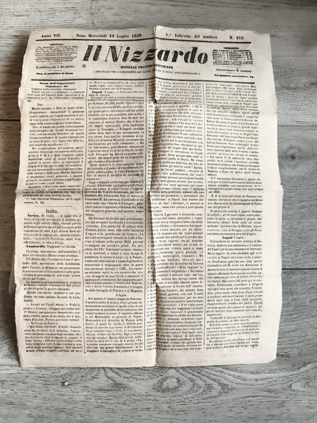 Ancien journal Il Nizzardo 13 luglio 1839 Italie presse d'époque vintage