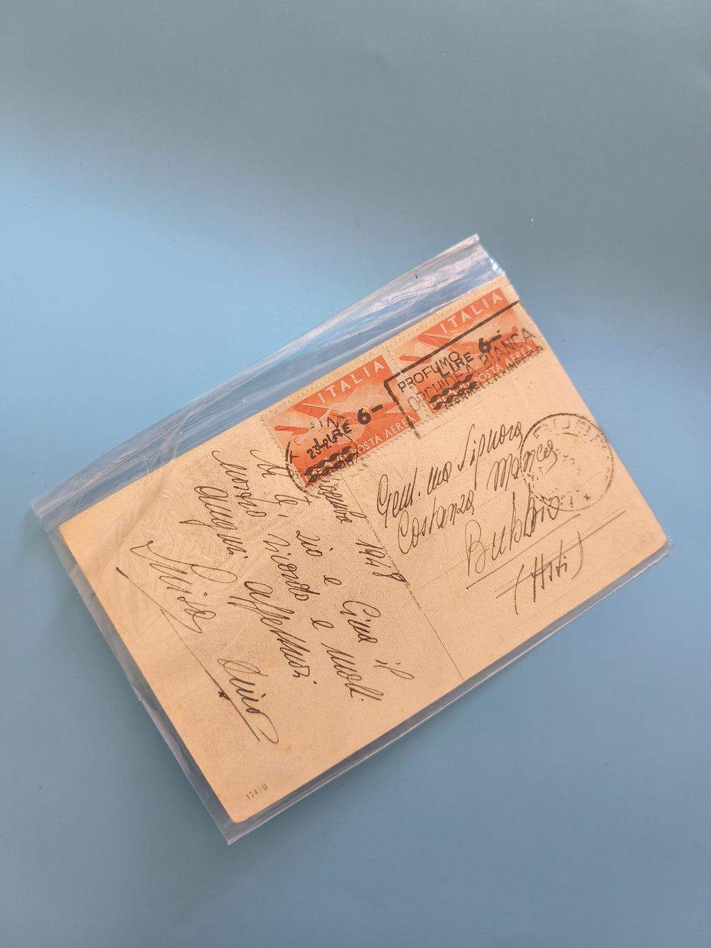 Carte postale ancienne italienne vintage avec timbre et oblitération coloniale r