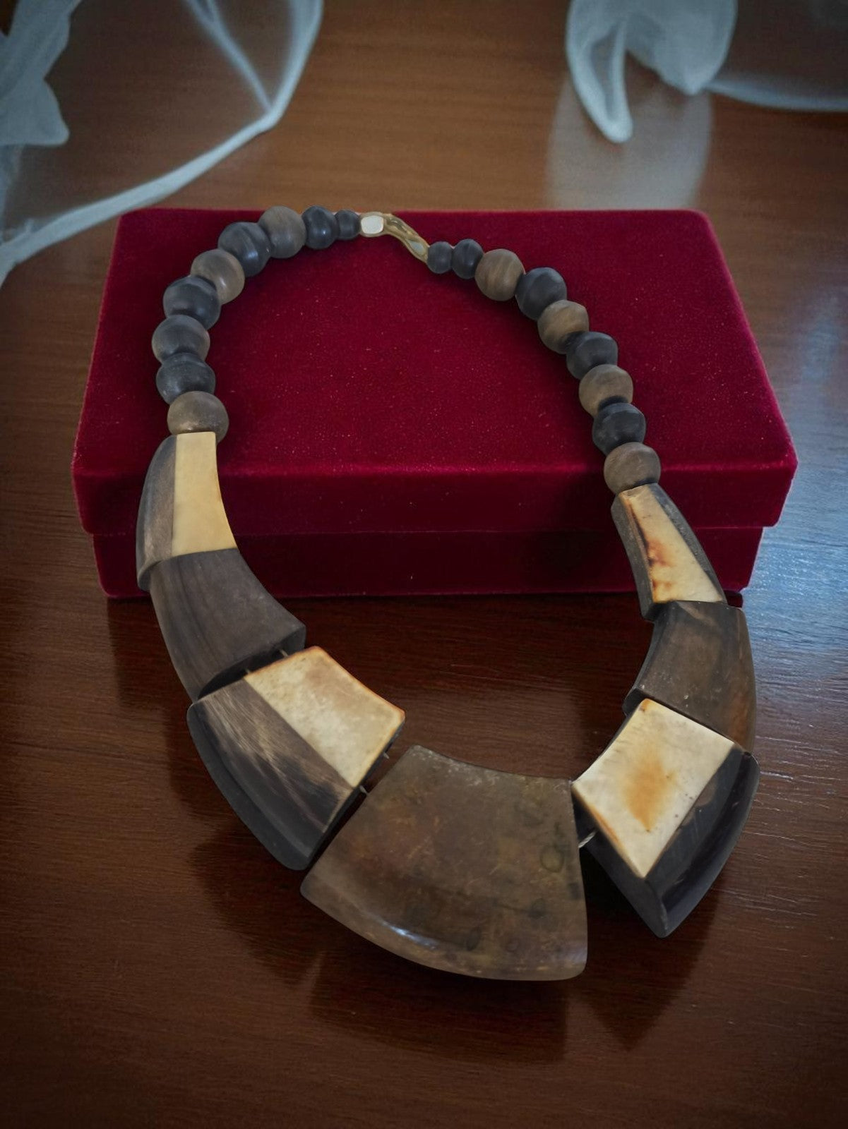 Collier vintage bois et os, pièce unique, design ethnique, bijou ancien