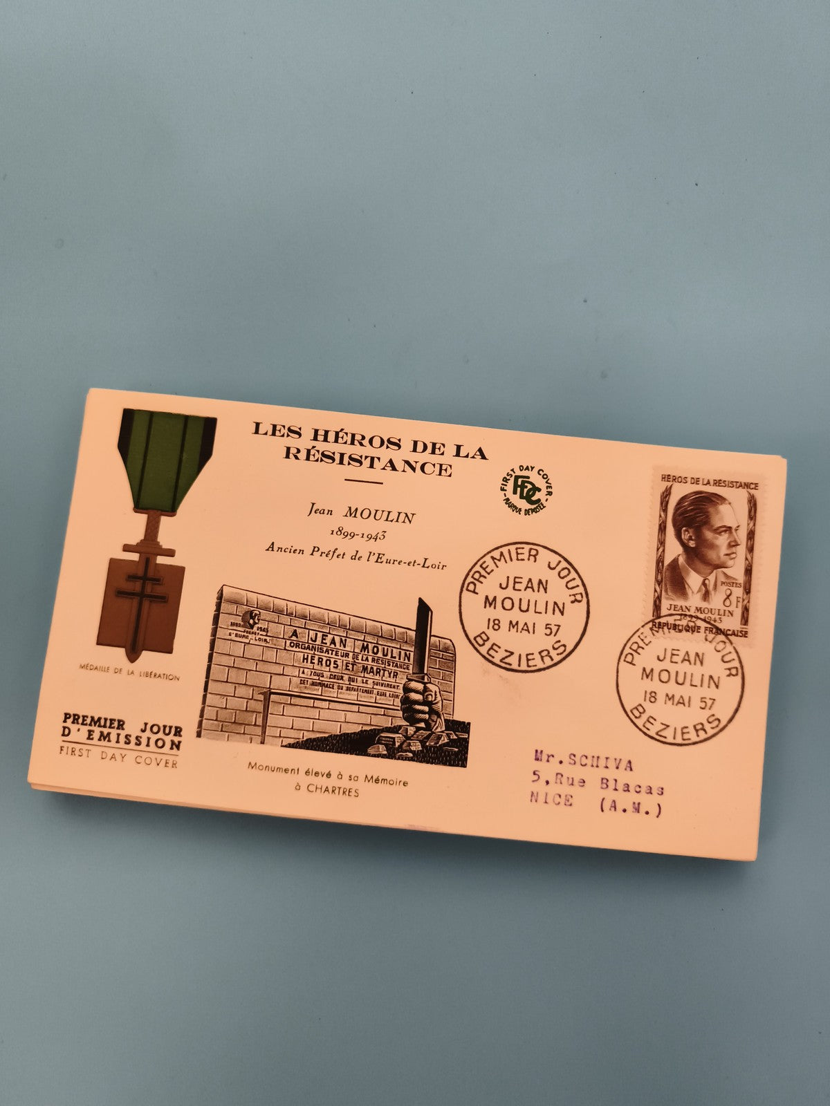 Lettre Premier Jour Jean Moulin 1957 Héros Résistance FDC Philatélie (Ref 2)