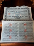 Action au porteur Verreries de la Mulatière 1929 document financier vintage
