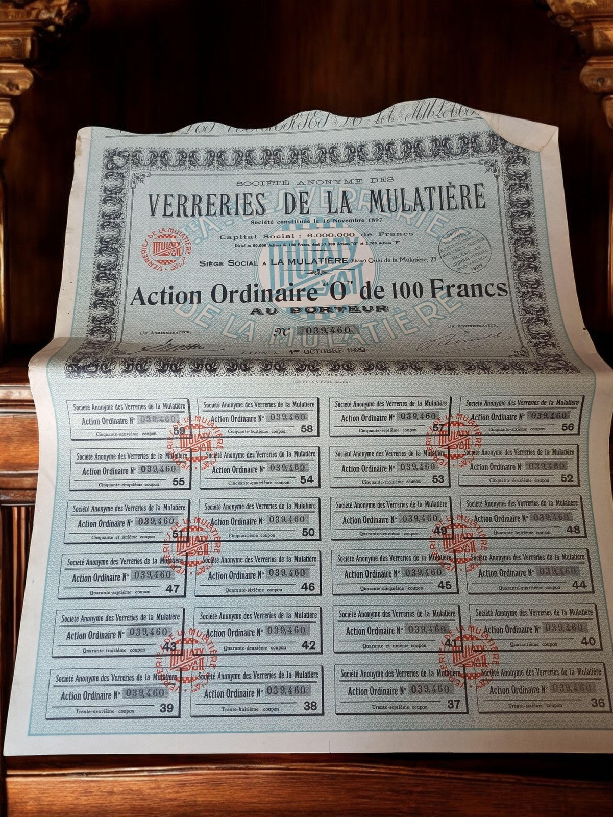Action au porteur Verreries de la Mulatière 1929 document financier vintage