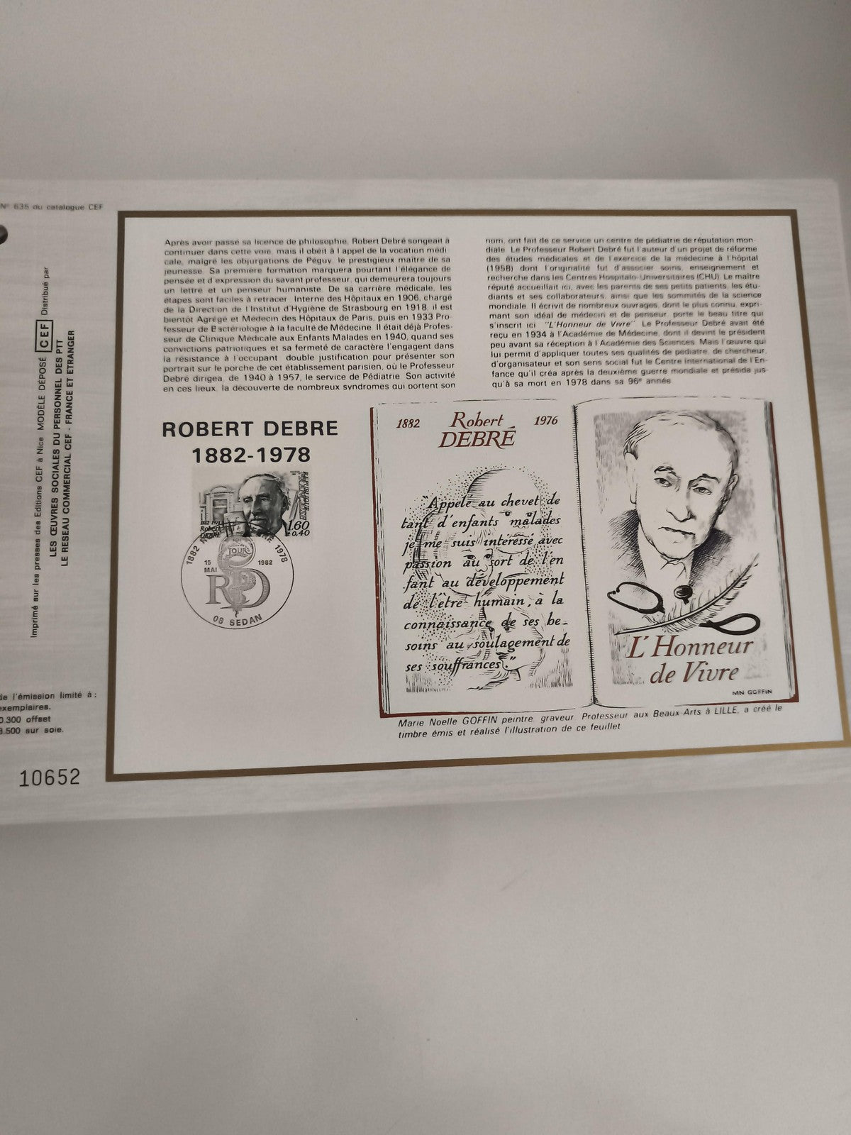 Feuillet CEF Robert Debré 1882-1978 philatélie timbre illustré France