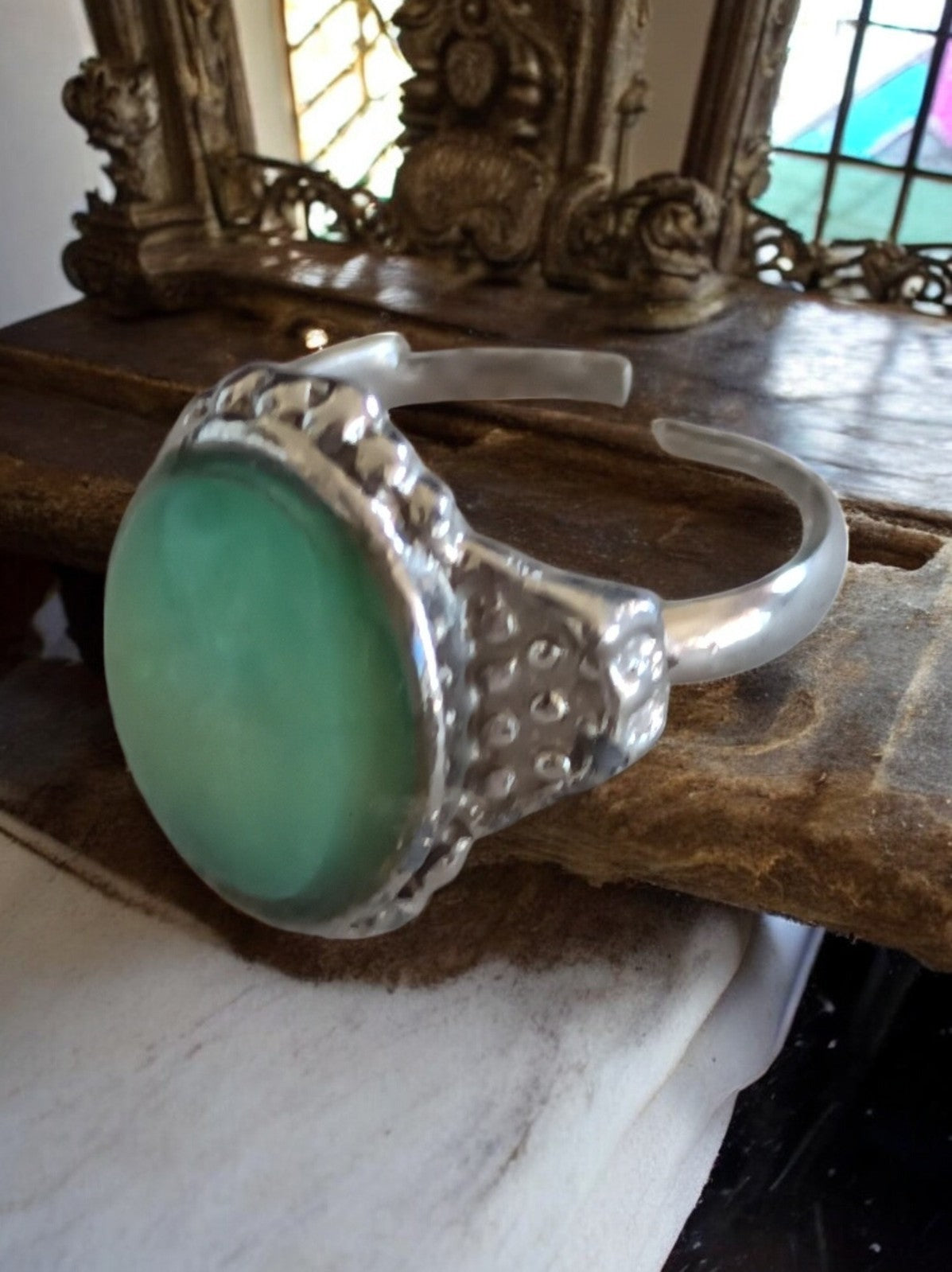 Bague vintage style rétro cabochon vert taille 54 fantaisie anneau ajustable
