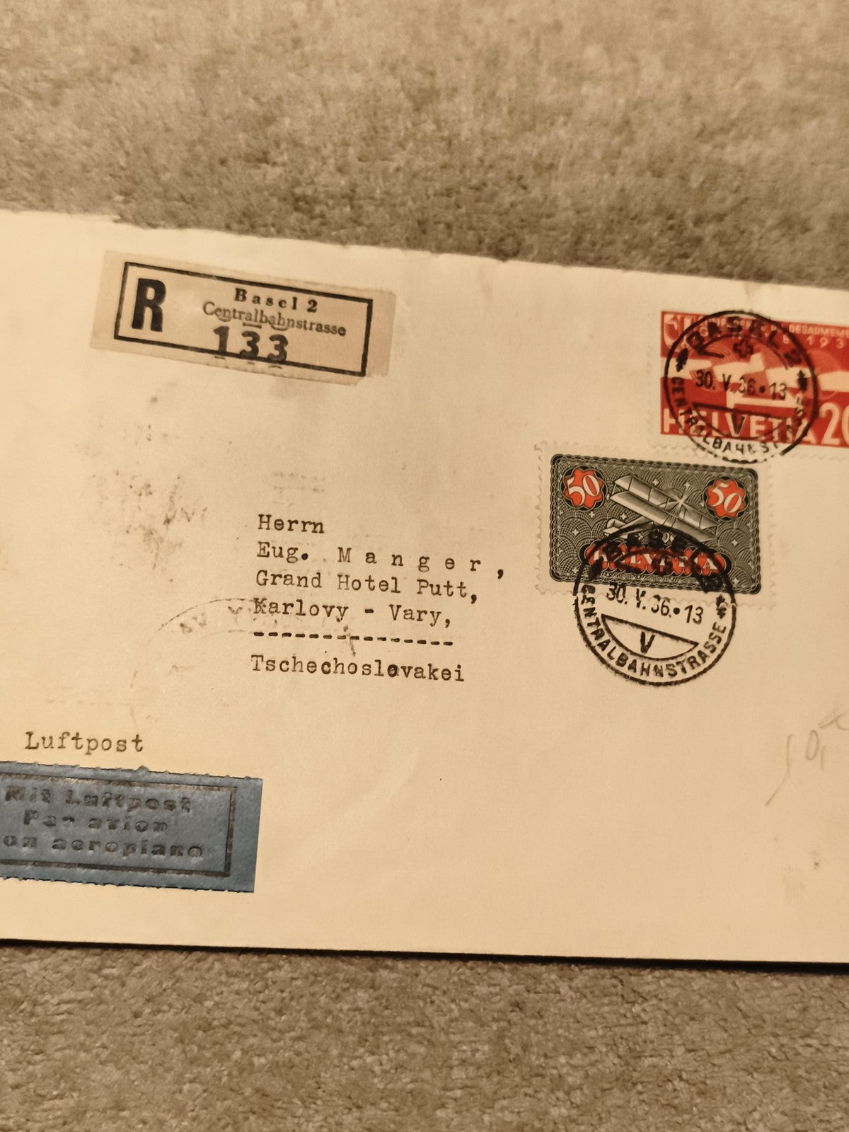 Lettre Suisse affranchie 1936 timbre Helvetia 50c recommandée Luftpost (Ref 27)