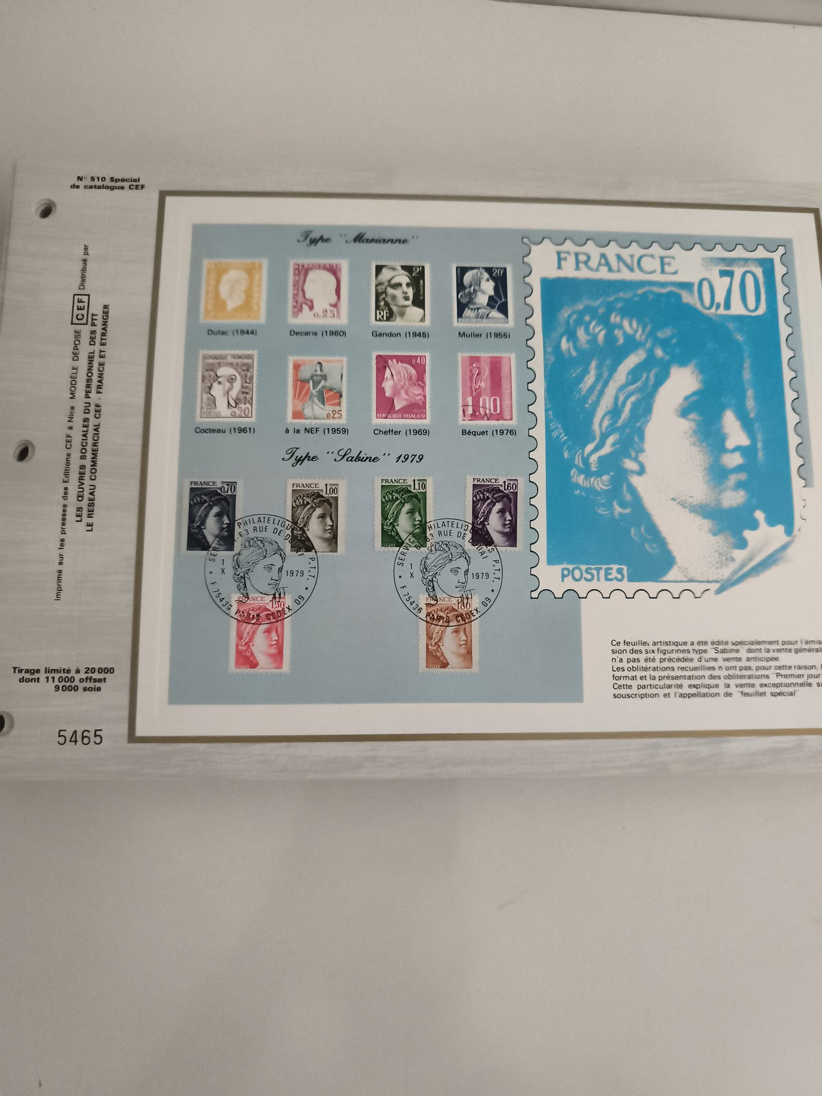 Feuillet CEF Marianne Sabine 1979 philatélie timbres France illustré