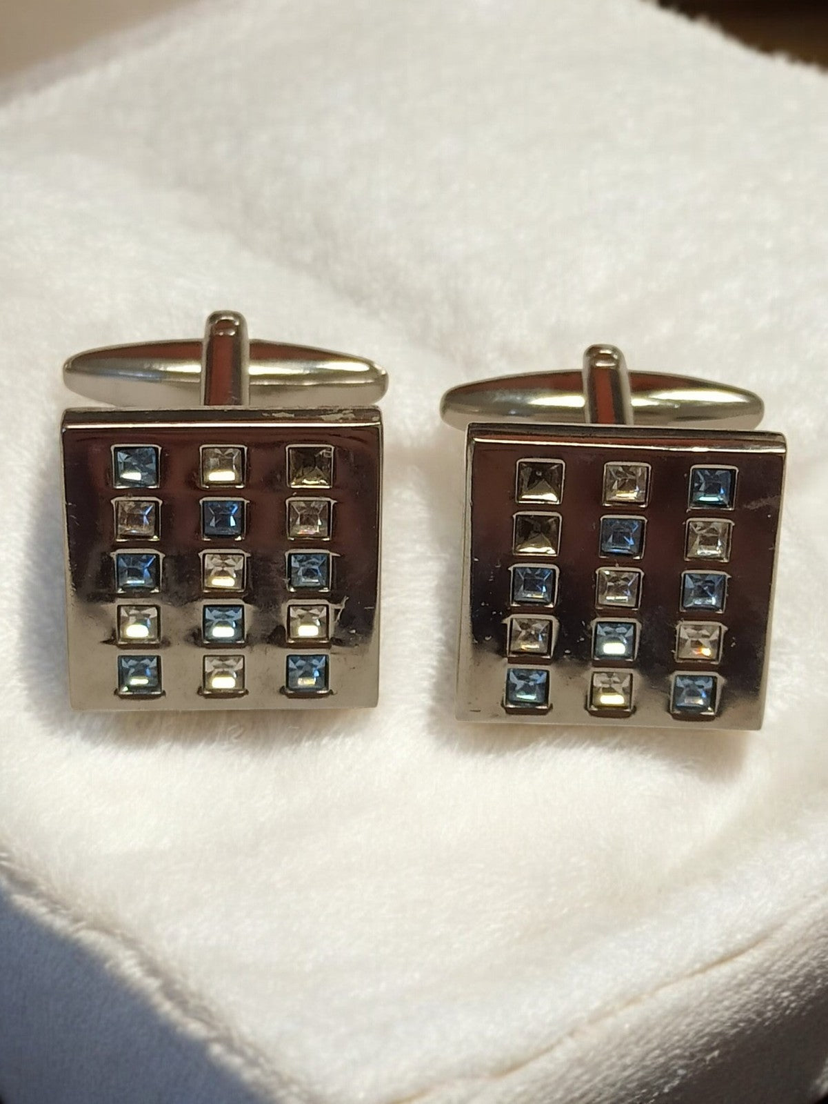 Boutons de manchette vintage carré, finition métal, strass bleus rétro chic