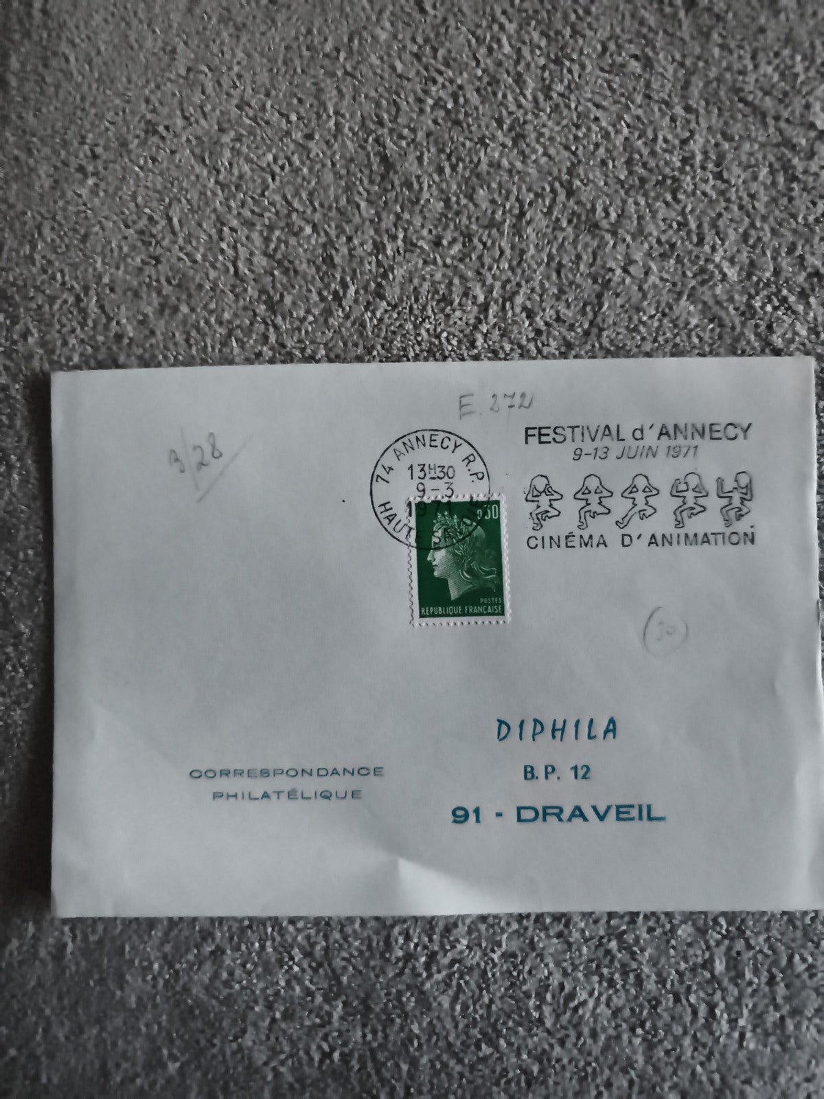 Lettre oblitérée Festival Annecy 1971 cinéma animation Marianne Draveil philatél