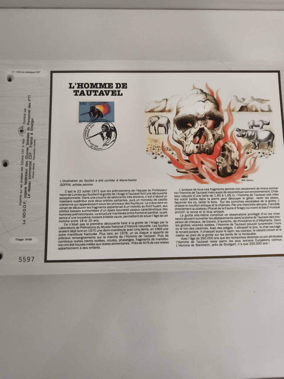 Feuillet philatélique CEF L’Homme de Tautavel timbre 340F illustration préhistoi