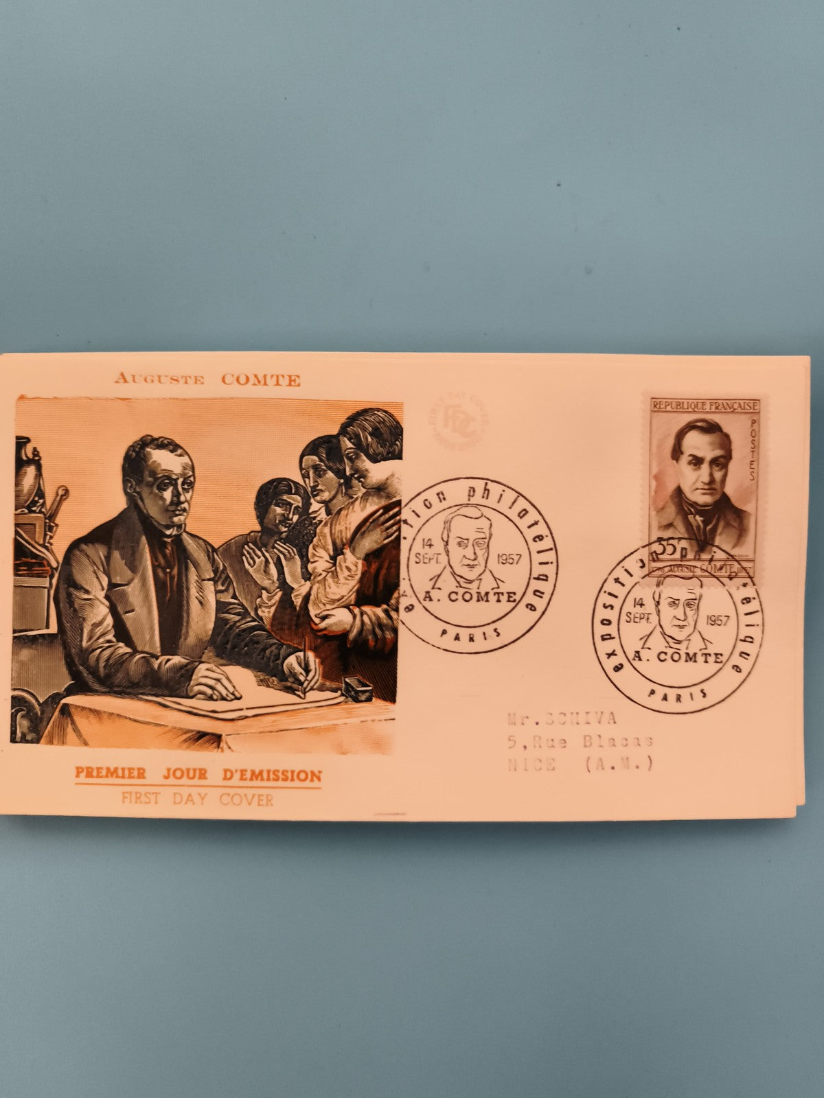 Lettre Premier Jour Auguste Comte 1957 timbre oblitéré Paris philatélie