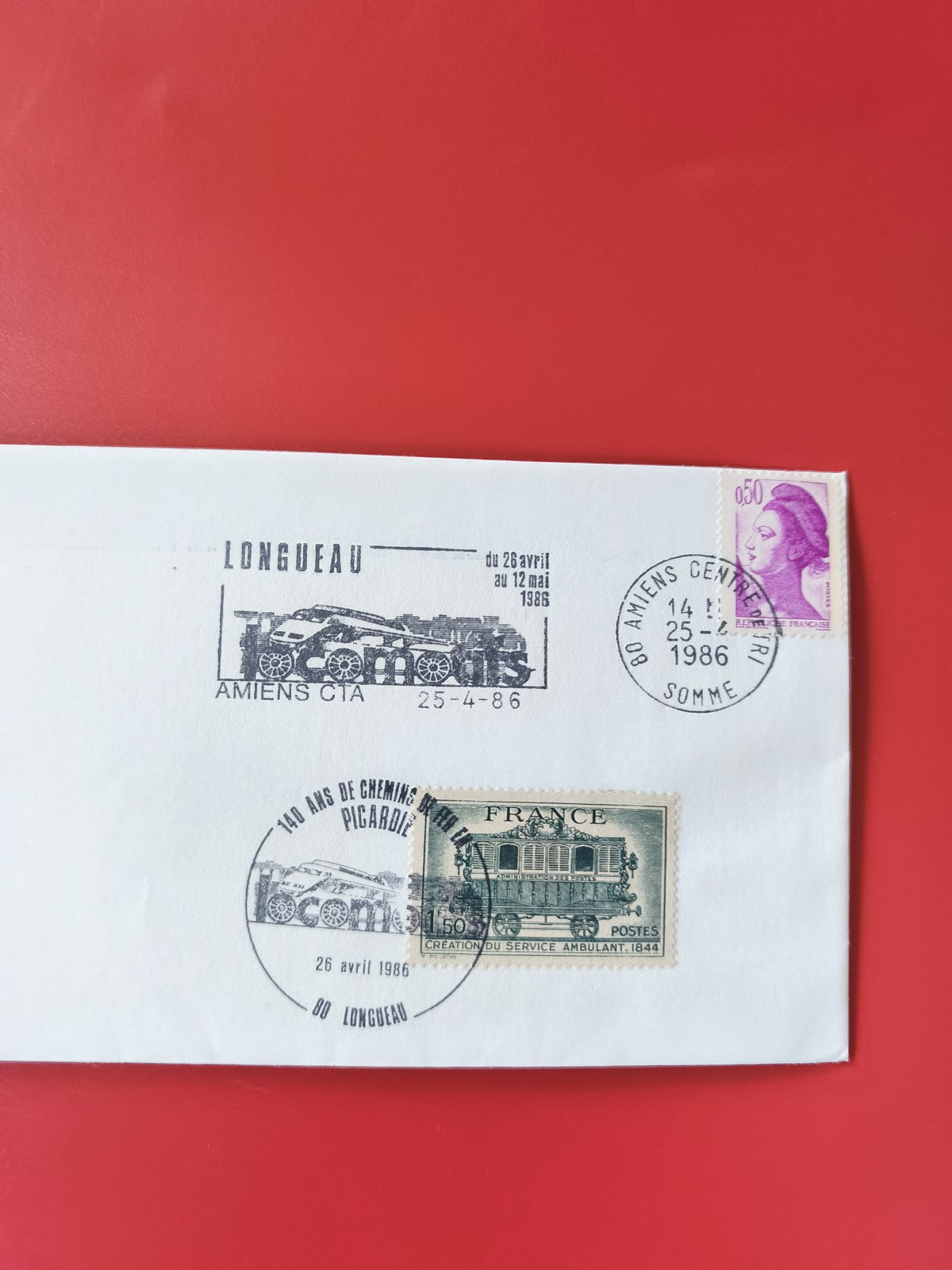 Enveloppe philatélie oblitérée train Longueau Amiens 1986 timbres France