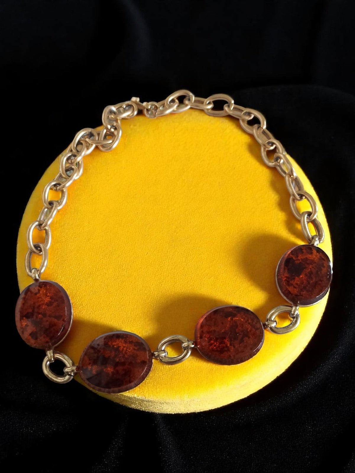 Collier vintage ambre naturel maillons ovales chaîne dorée ancien rétro