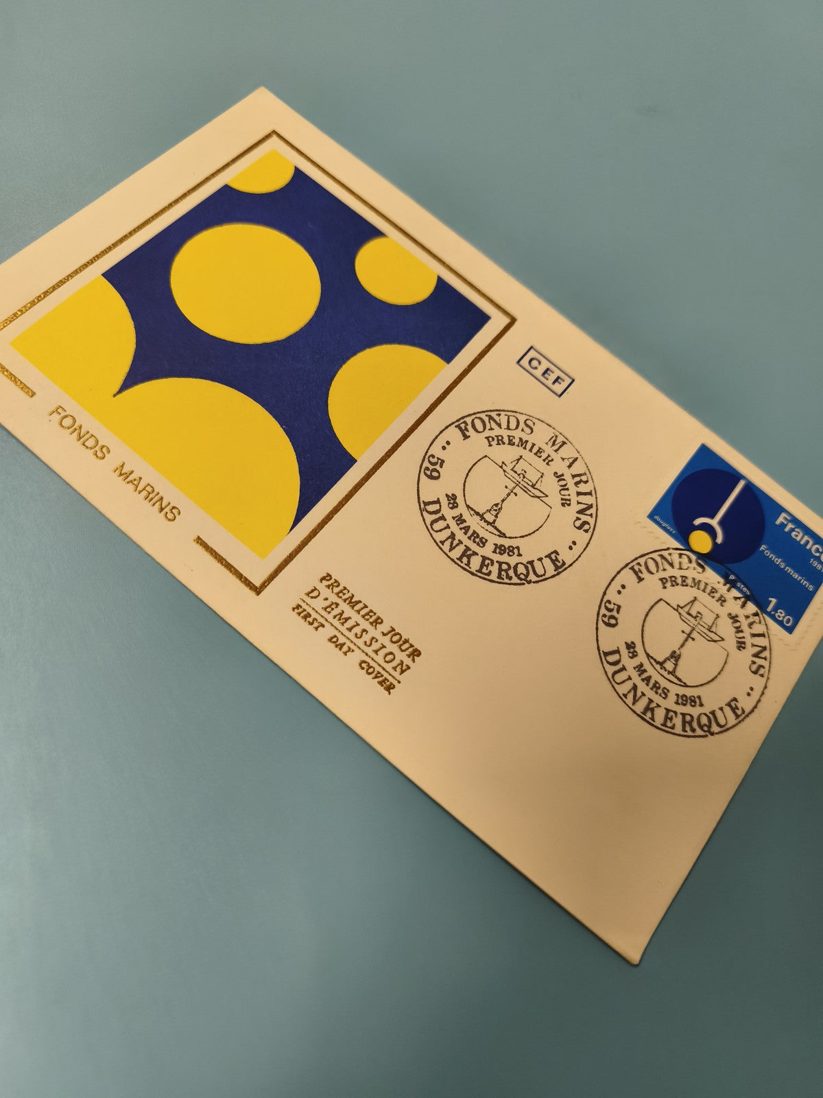 Enveloppe timbrée FDC Fonds Marins Dunkerque 1991 premier jour émission bleu jau