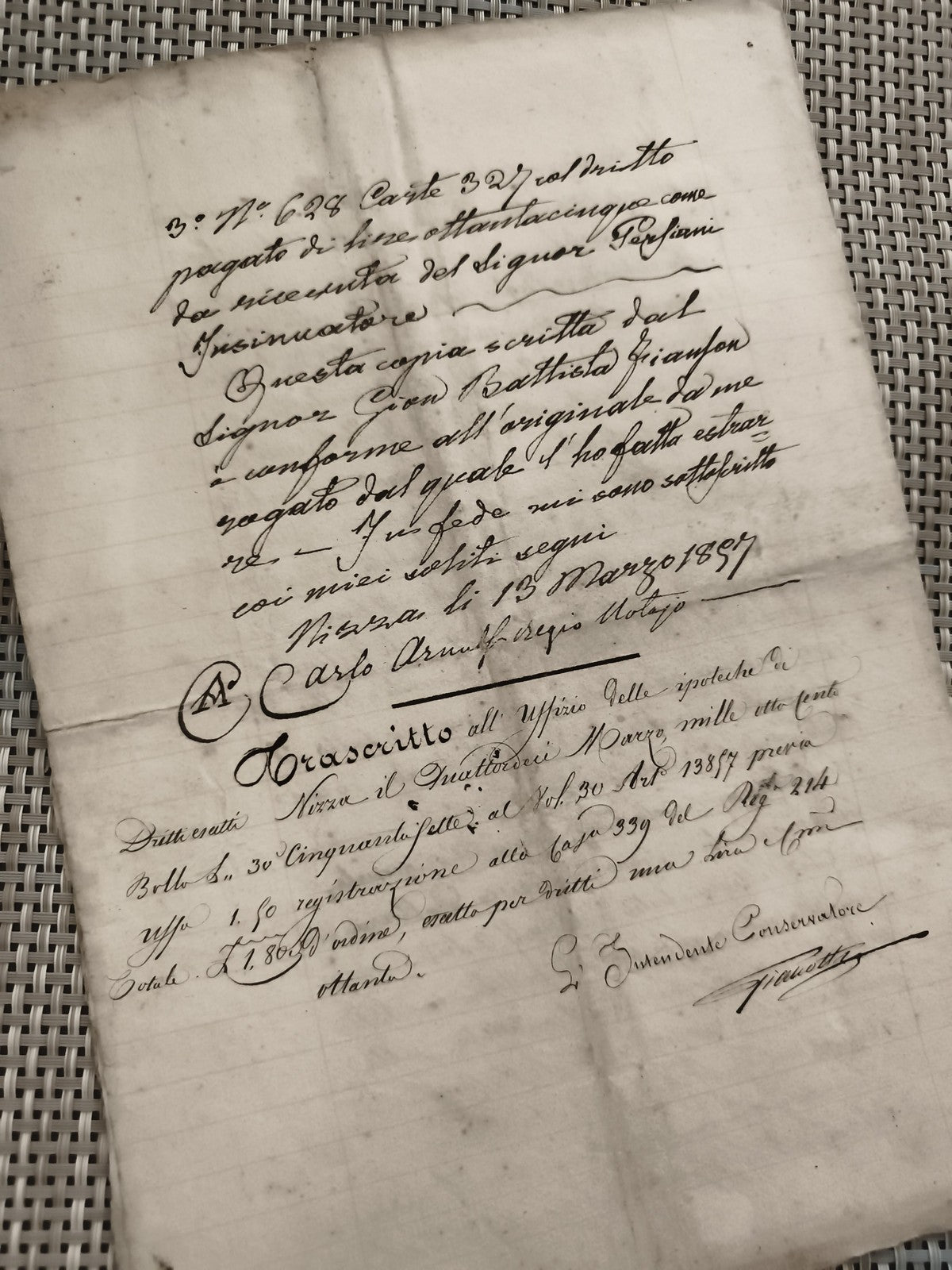 Ancien document manuscrit 17 janvier 1852 sceau Piémont Italie parchemin
