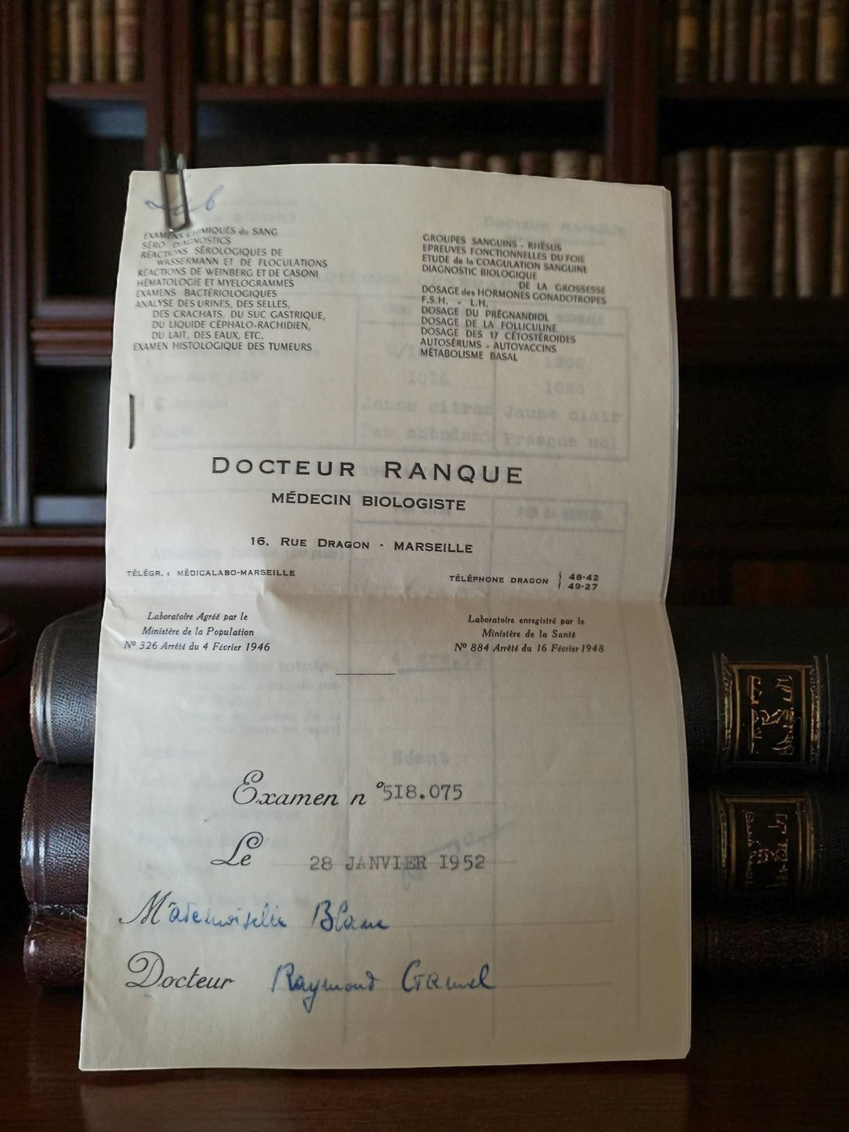 Ordonnance médicale ancienne 1952 Dr Ranque Marseille biologie vintage papier