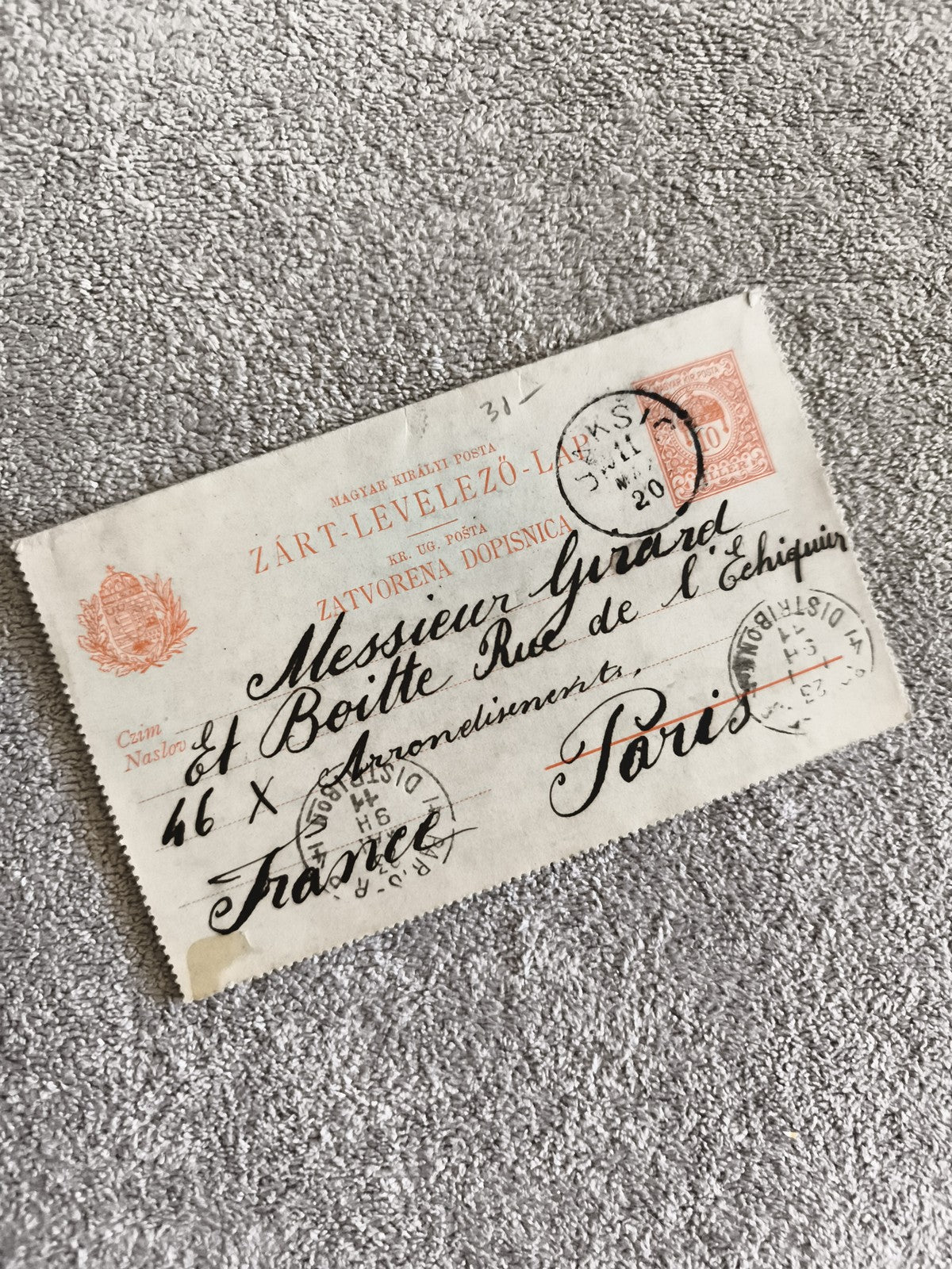 Carte postale Hongrie Zárt-Levelezö-Lap affranchie timbre 10 Kr philatélie