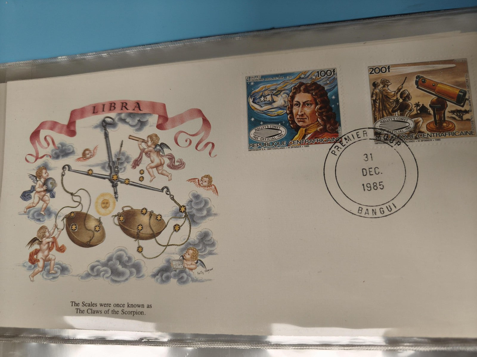 Enveloppe FDC premier jour 1985 Libra République Centrafricaine timbres astrolog