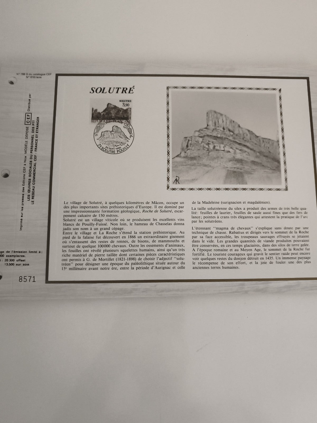 Feuillet CEF Solutré philatélie affranchi timbre 3,80 illustration site préhisto