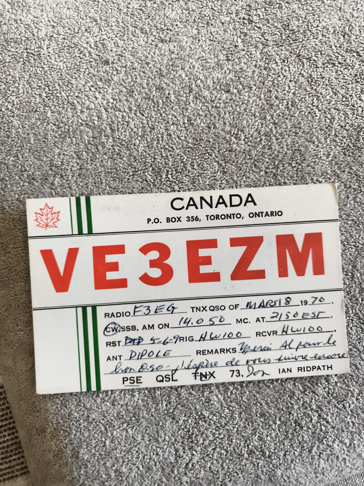 Carte QSL radio amateur VE3EZM Canada 1970 ancienne carte QSO vintage