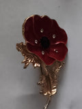 Broche fleur vintage rouge style pavot, finition dorée, strass, bijou ancien