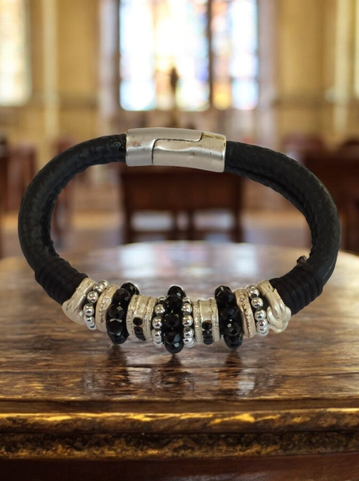 Bracelet fantaisie vintage créateur noir argenté perles rondes rétro