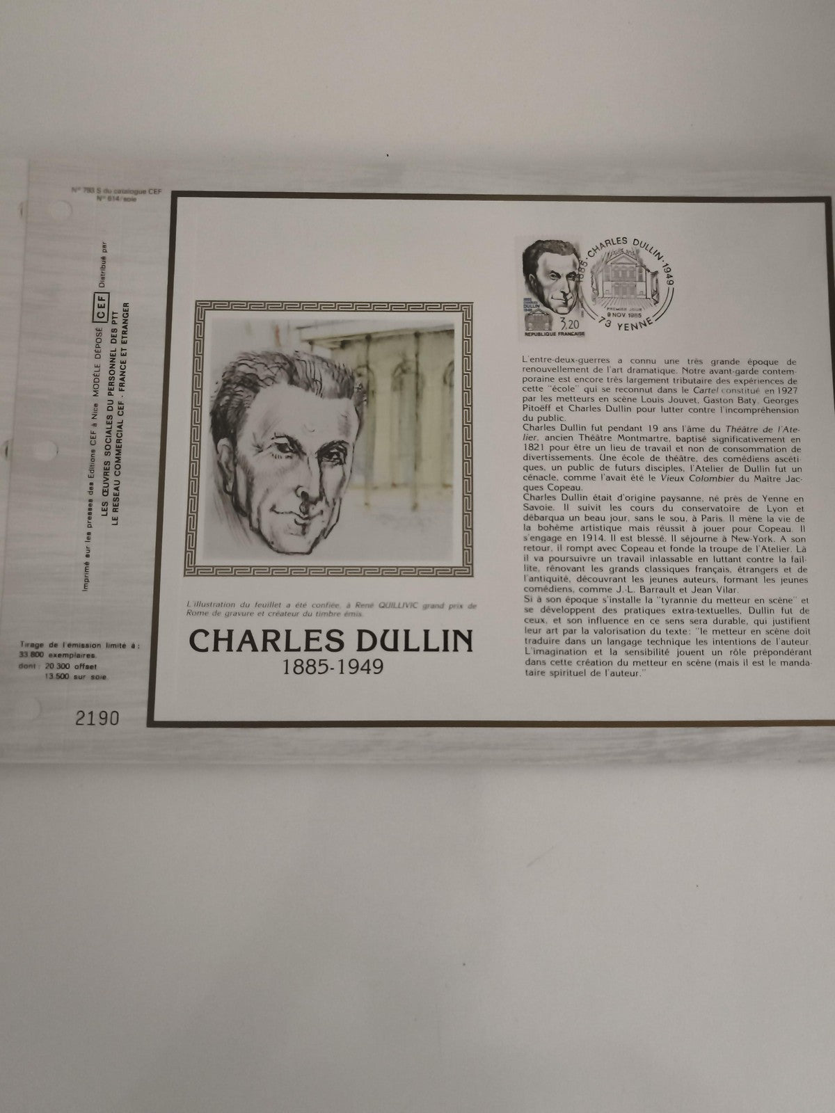 Feuillet philatélique CEF Charles Dullin 1885-1949 oblitéré Yenne