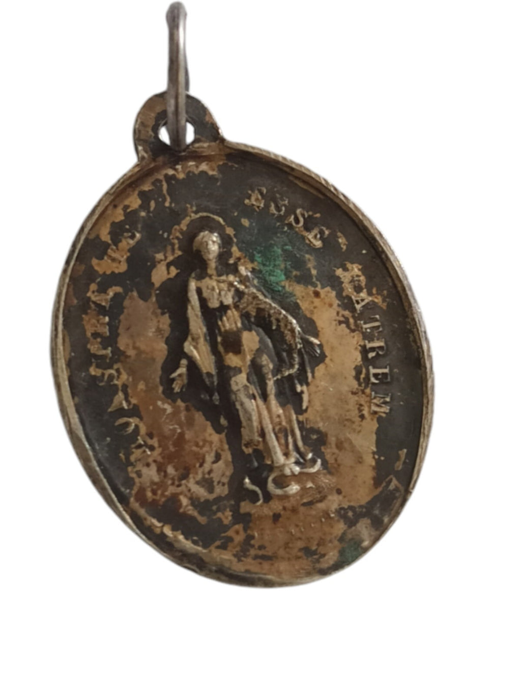 Pendentif religieux Vierge Marie médaillon ovale patiné, médaille chrétienne anc