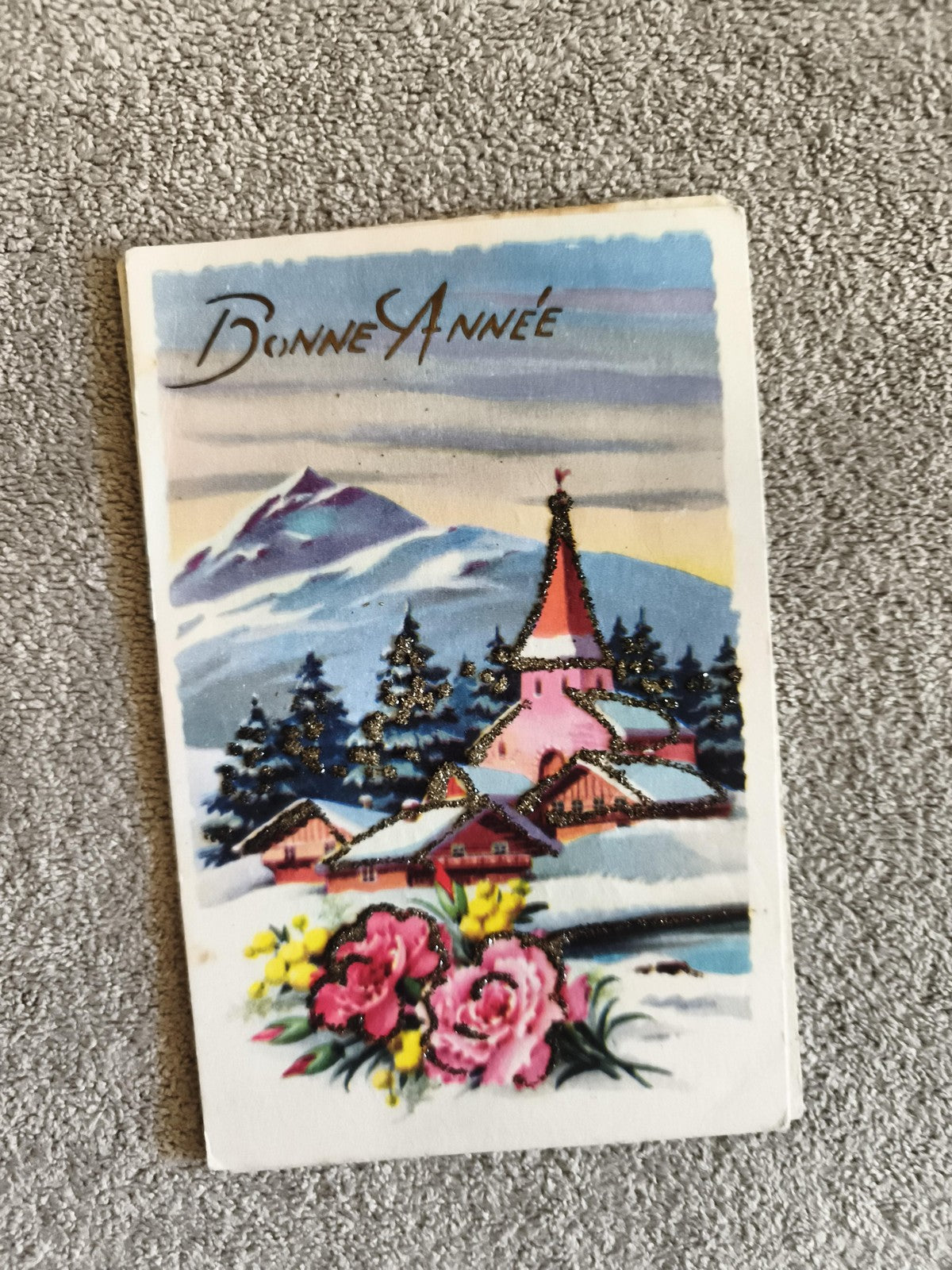 Carte postale Bonne Année CPA paysage neige fleurs relief