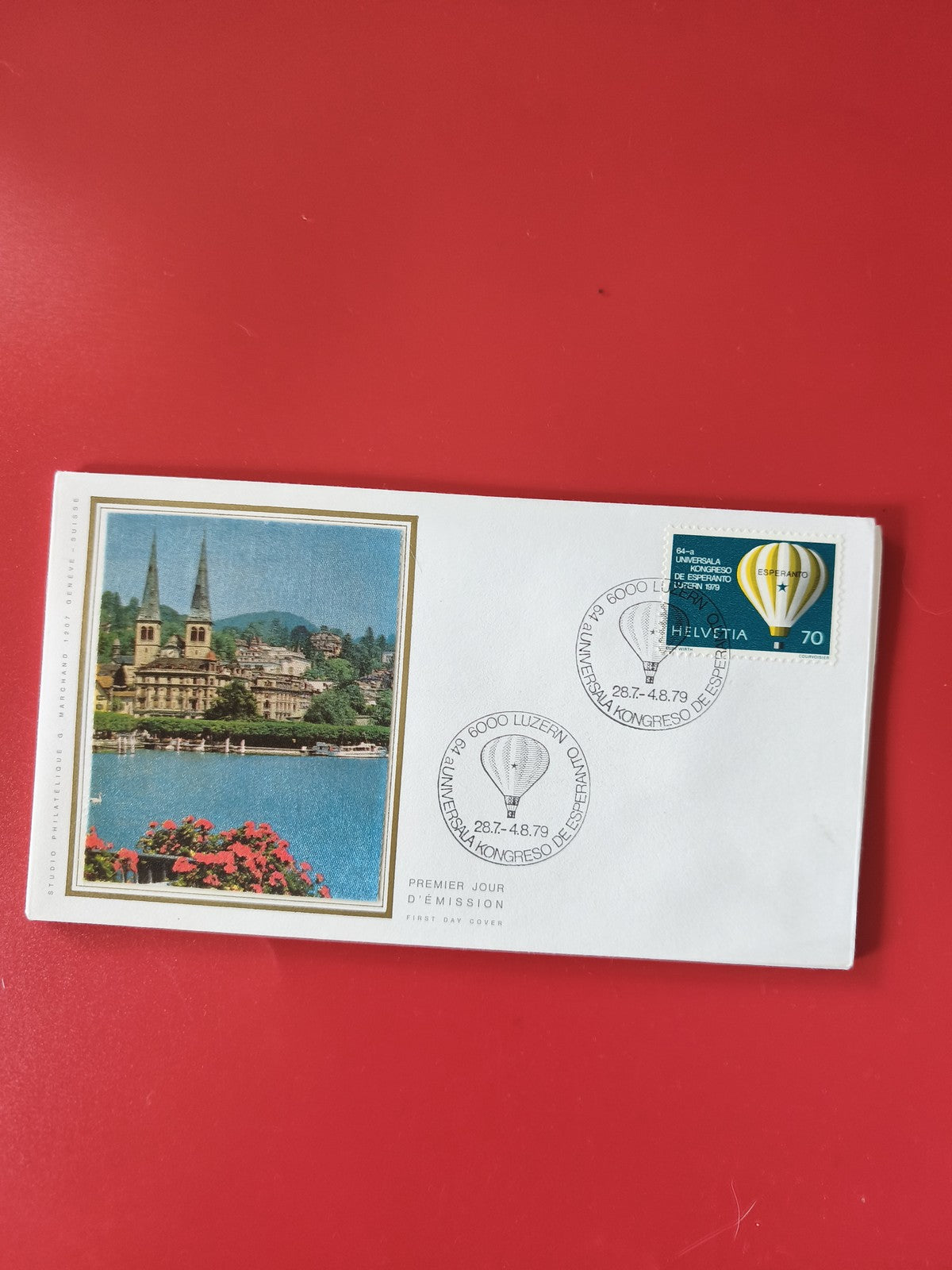Enveloppe philatélie Suisse timbre montgolfière 70c illustration Lucerne